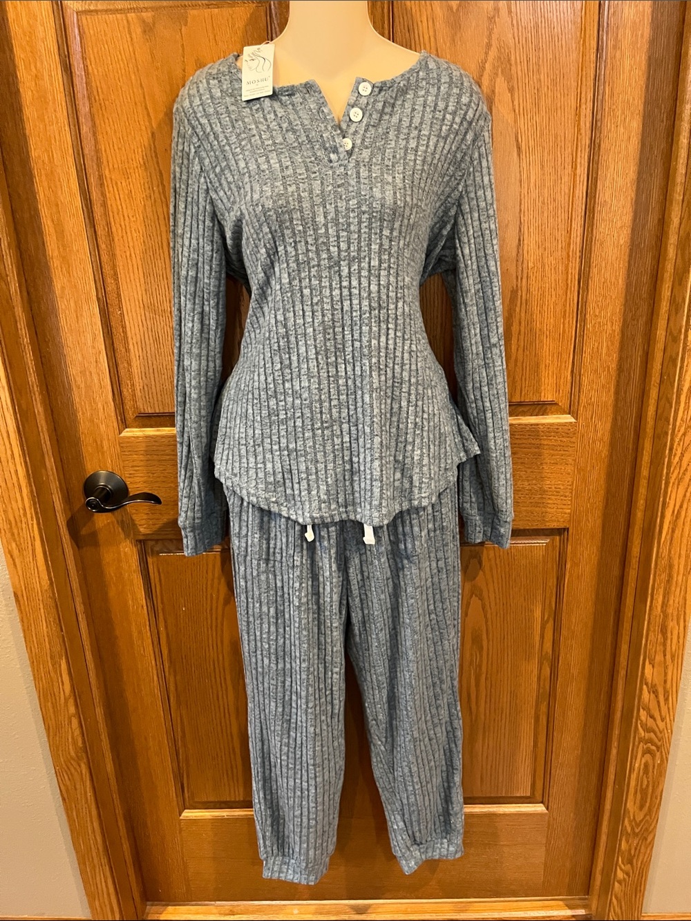 Moshu Ribbed Henley Pants & Top Set - Grey/Blue